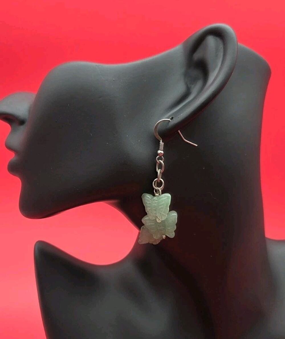 Butterfly Charm Drop Earrings Green Translucent Beads Silver Tone